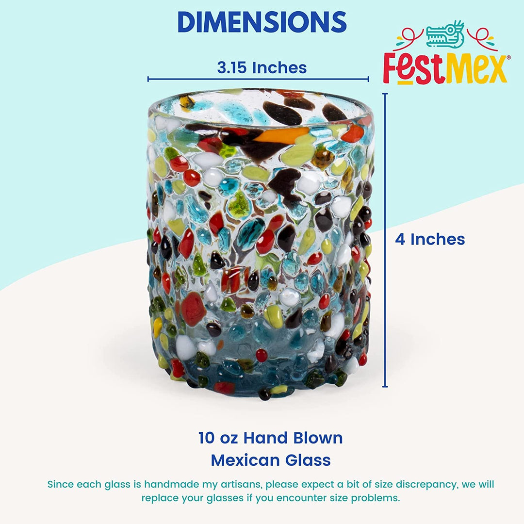 Hand Blown Mexican Glasses Set of 6 Confetti Rock 14 OZ