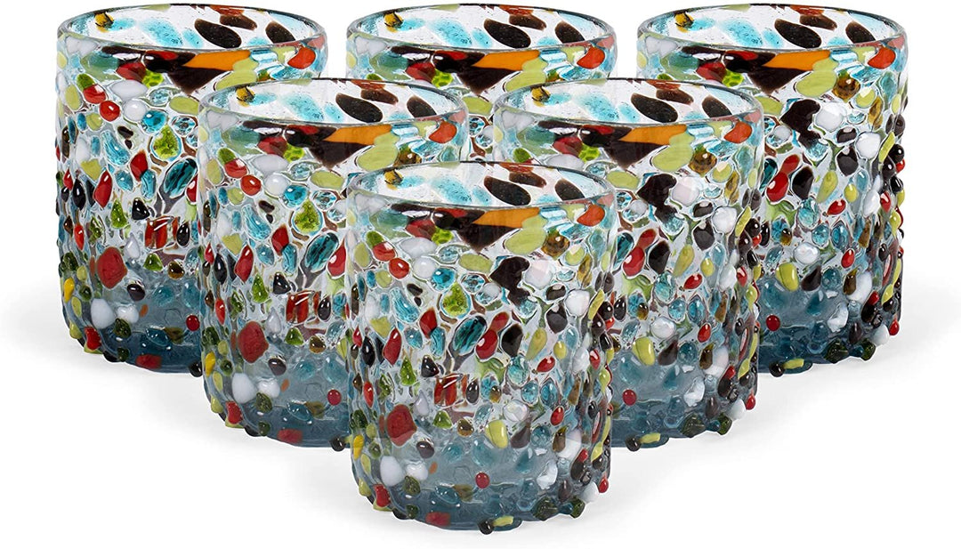 Hand Blown Mexican Glasses Set of 6 Confetti Rock 14 OZ
