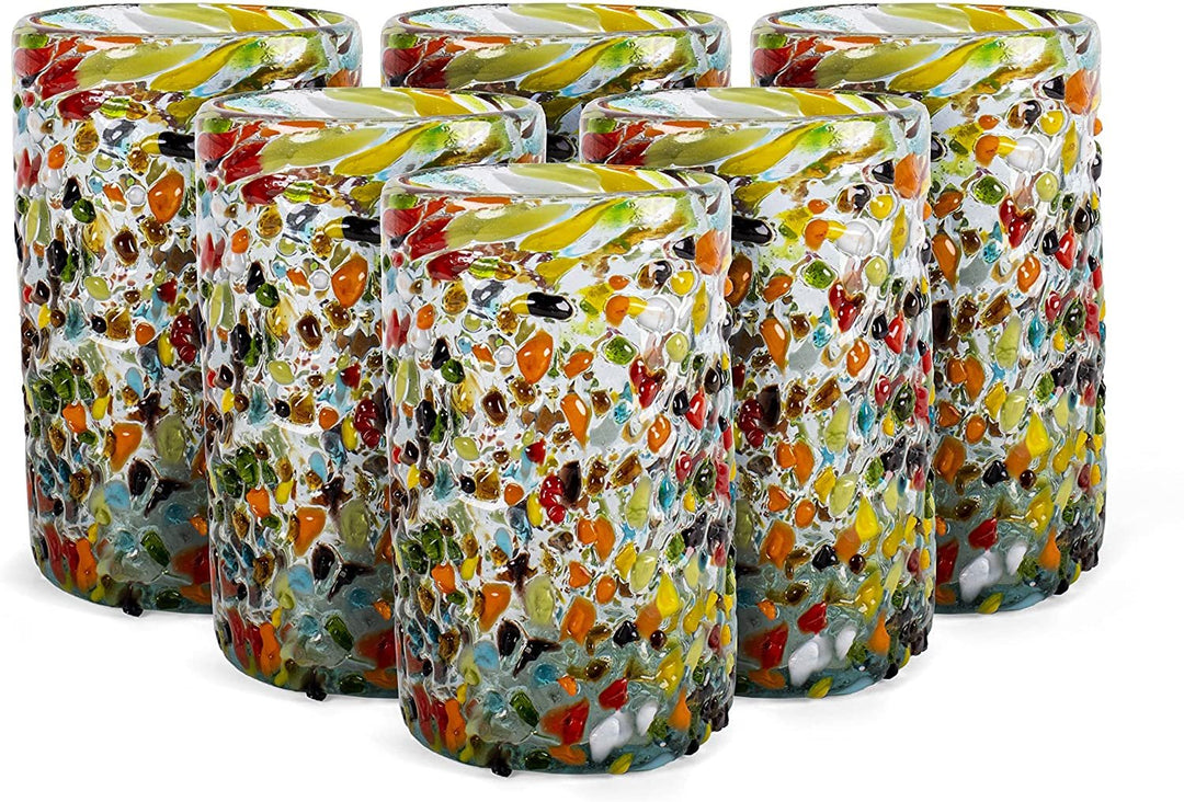 Hand Blown Mexican Glasses Set of 6 Confetti Rock 14 OZ