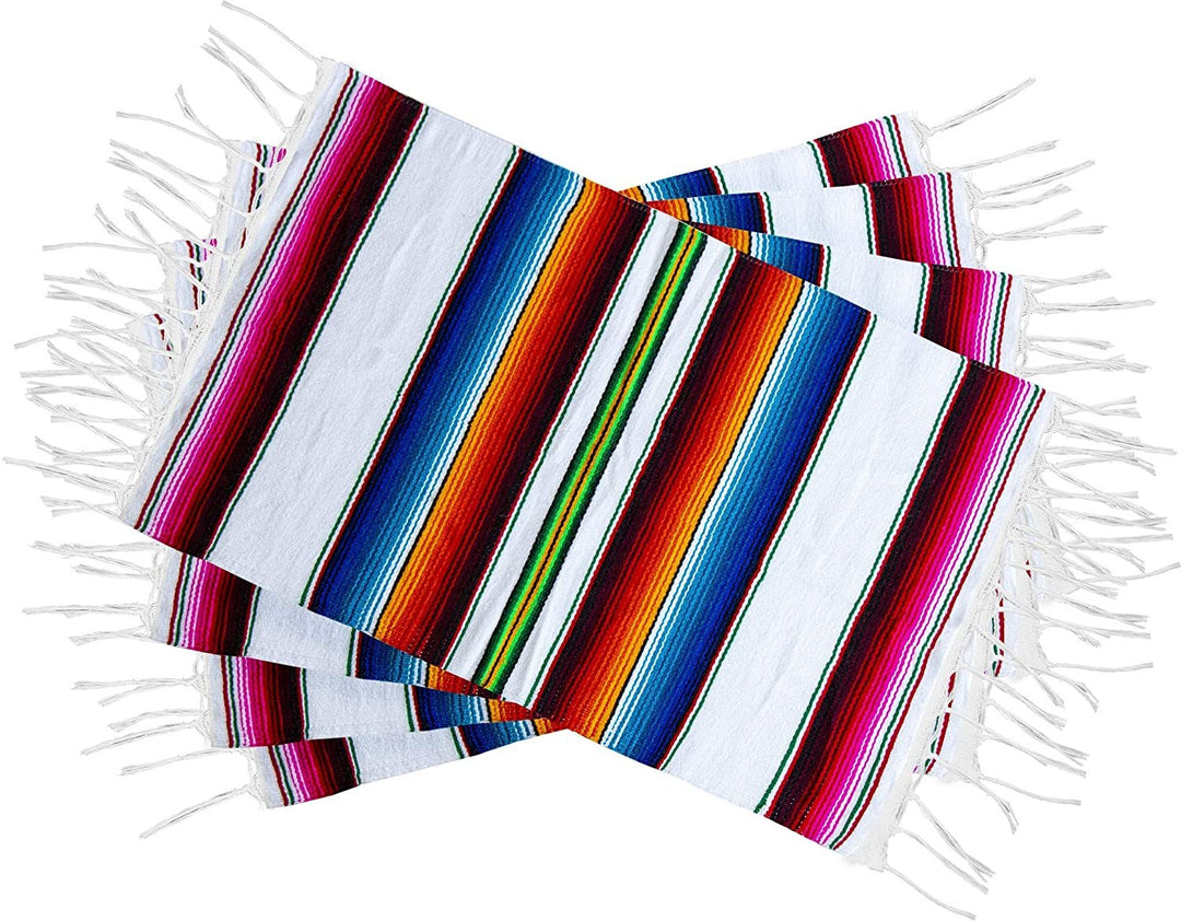 Threads West Genuine Mexican Premium Quality Colorful Fringed Serape Placemats Designed in Traditional Mexican Serape Blanket Material. Set of 4 Placemats (19" x 12")