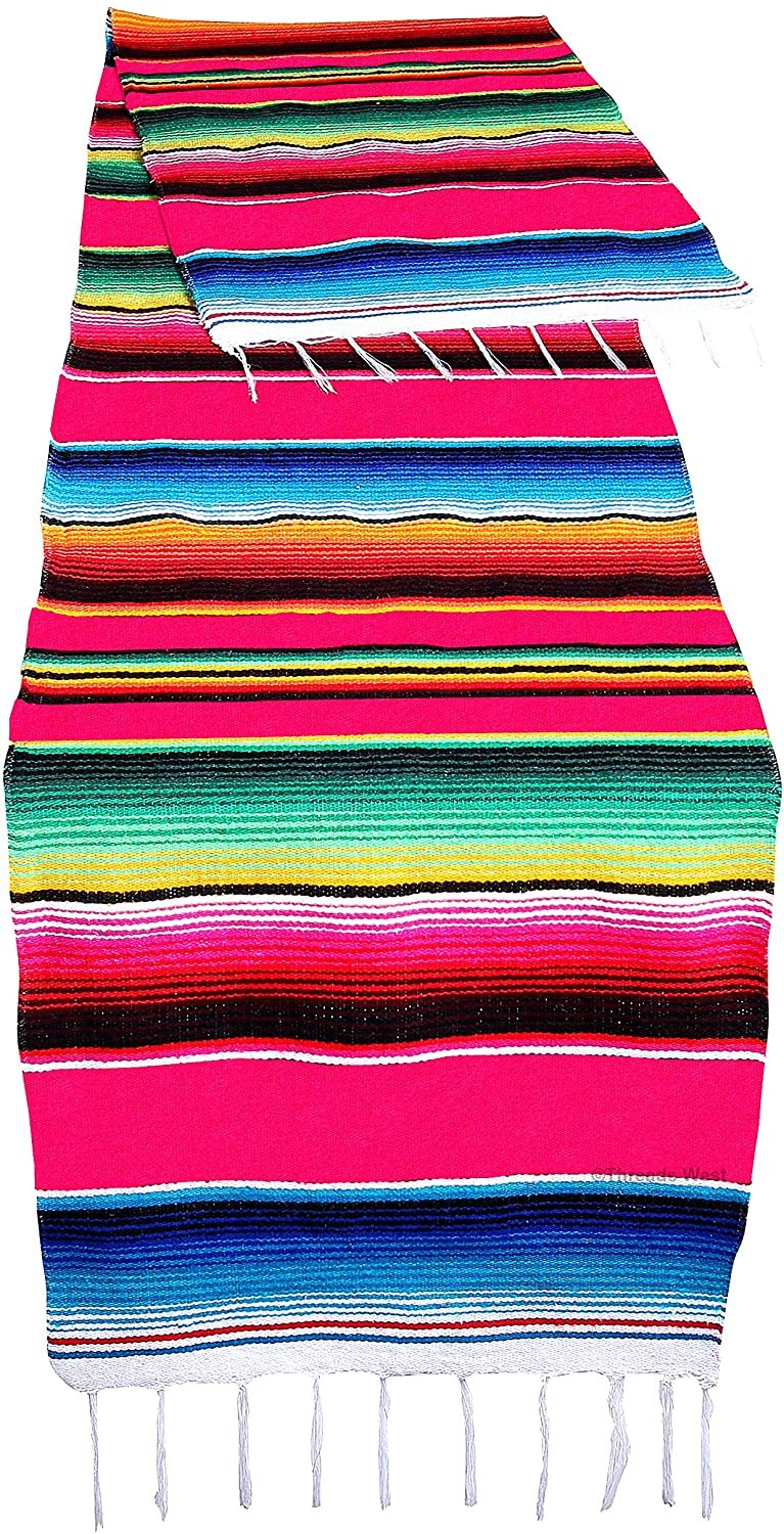 Threads West Genuine Mexican Handwoven Bright Mexican Table Runner Saltillo Serape Colorful Striped Sarape 83" x 14" (Multi-Packs Available) for Parties