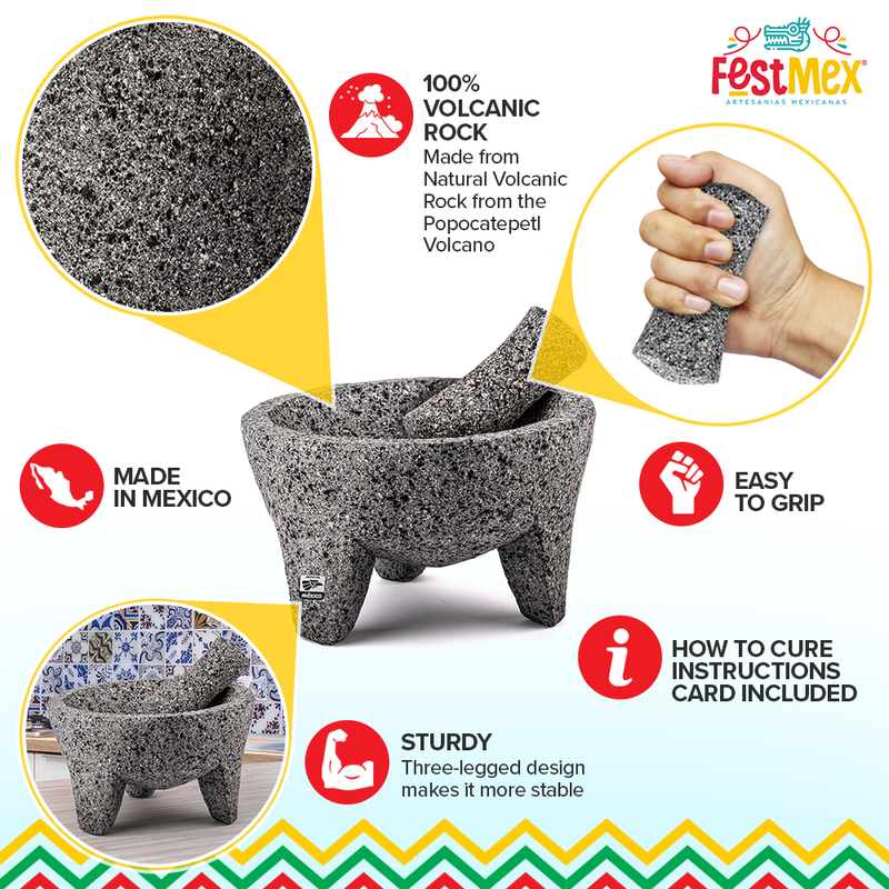 Genuine Handmade Mexican Mortar and Pestle, Molcajete de Piedra Natural Volcanica Stone, Heavy & Durable, Perfect for Homemade Salsas, Guacamole, and other Molcajete Plates | Made in Mexico (8 Inches)