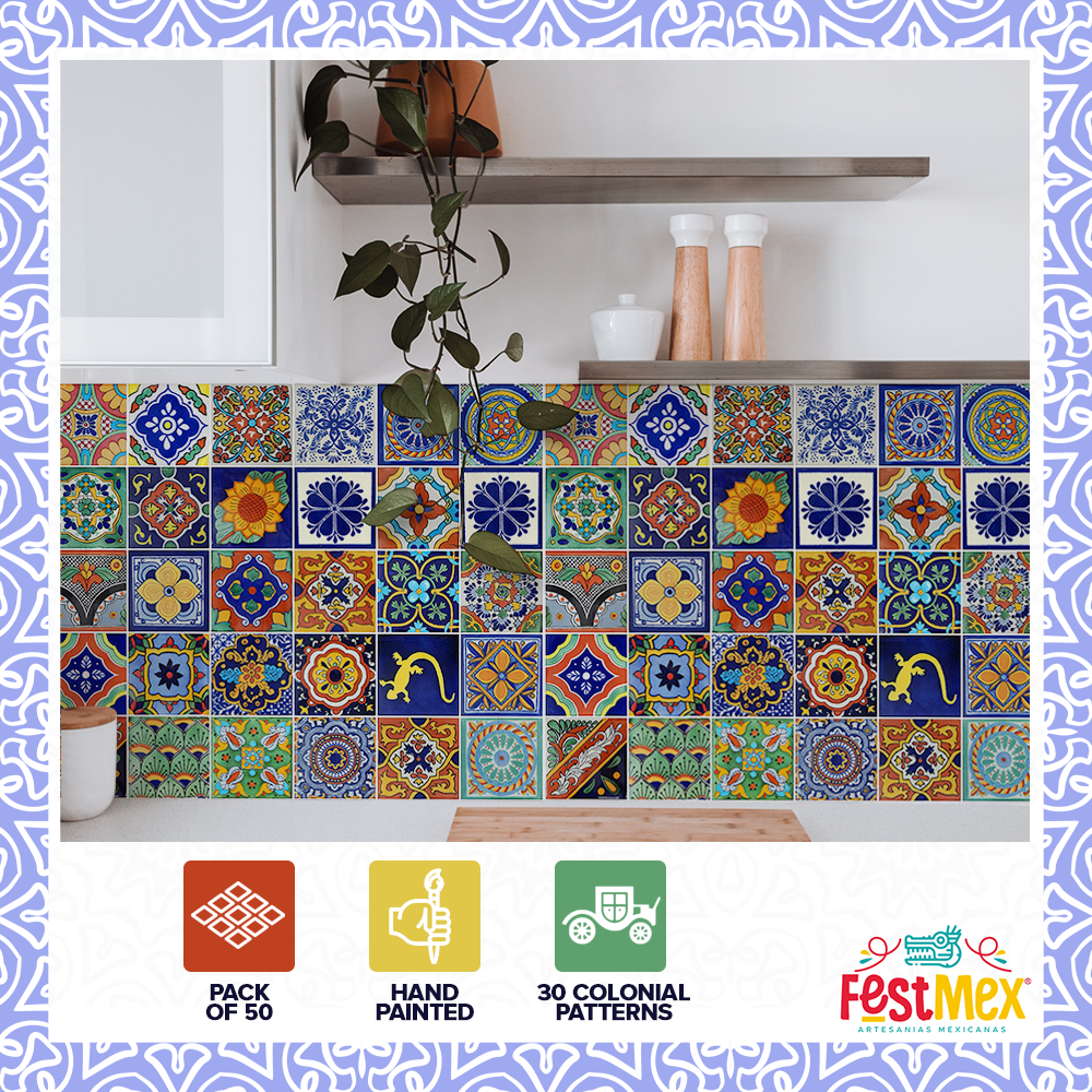Talavera Hand Painted Ceramic Tiles 4 x 4 Inches (50 Pack)