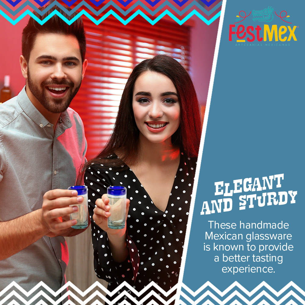 Hand Blown Mexican Tequila Shot Glasses – Set of 6 Cobalt Blue Rim 2 oz