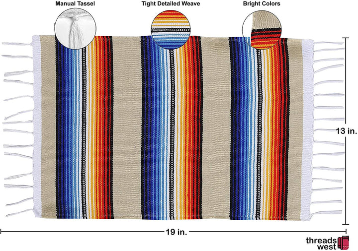 Threads West Colorful Fringed Mexican Serape Place Mats Designed in Traditional Mexican Serape Blanket Material Set of 8 Assorted Placemats