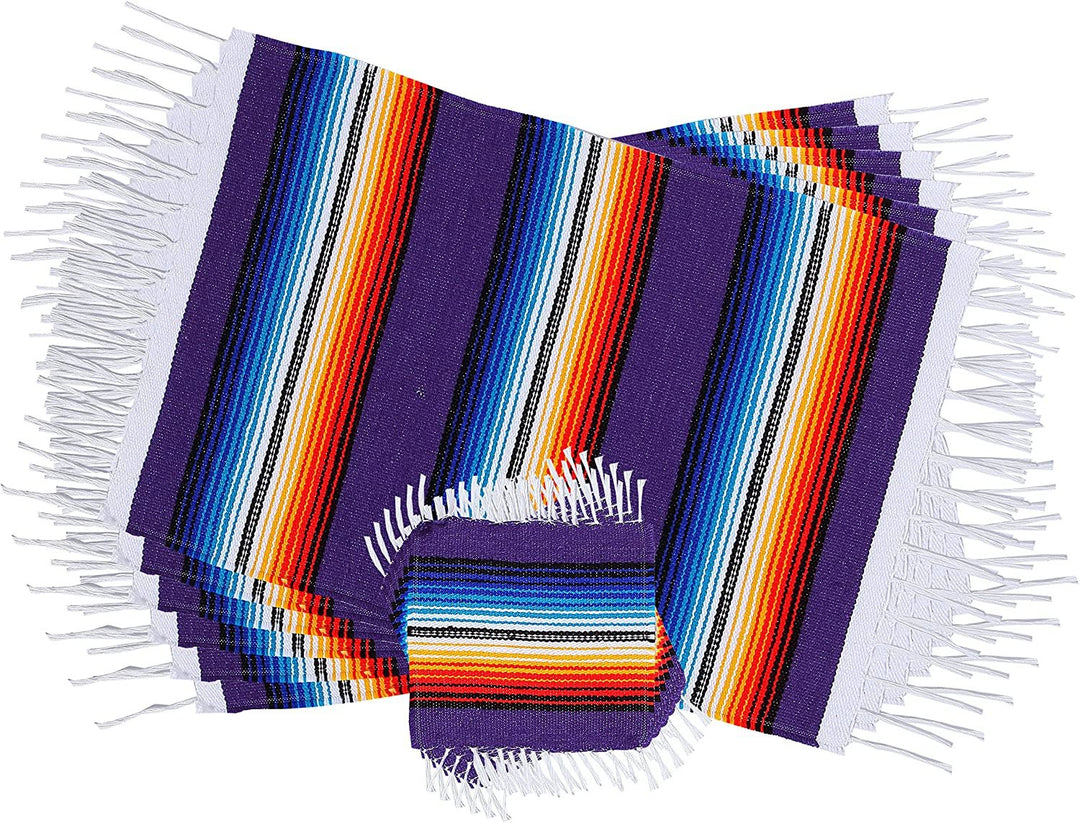 Threads West Colorful Fringed Mexican Serape Place Mats Designed in Traditional Mexican Serape Blanket Material Set of 8 Assorted Placemats