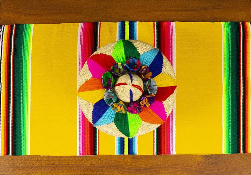 Threads West Authentic Mexican Table Runner Handwoven on Wooden Loom Bright Mexican Saltillo Sarape 60" x 12"