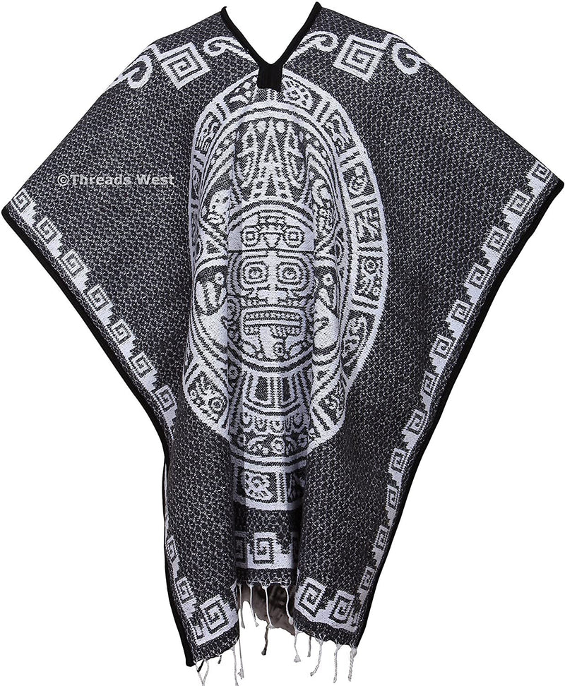 threads west Authentic Mexican Poncho Reversible Cobija Blanket - Aztec Calendar