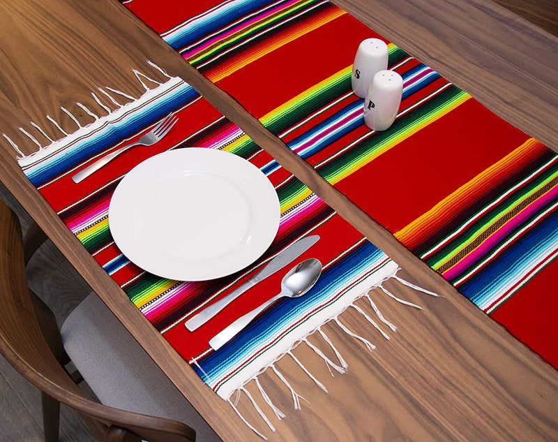 Threads West Genuine Mexican Premium Quality Colorful Fringed Serape Placemats Designed in Traditional Mexican Serape Blanket Material. Set of 4 Placemats (19" x 12")