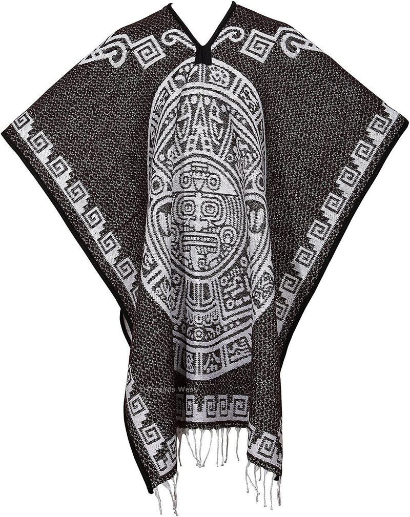 threads west Authentic Mexican Poncho Reversible Cobija Blanket - Aztec Calendar